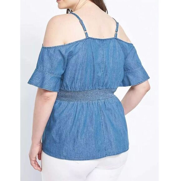 Lane Bryant Blouse Denim Top Smocked Waist Off Cold Shoulder jean shirt top - Picture 2 of 14
